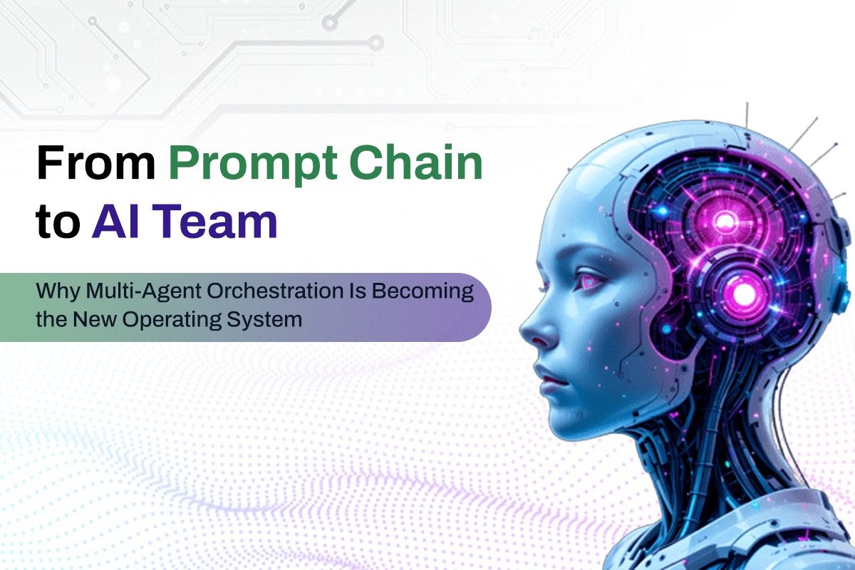 Multi-agent AI orchestration system showing coordinator, specialist, and reviewer agents collaborating across enterprise workflows