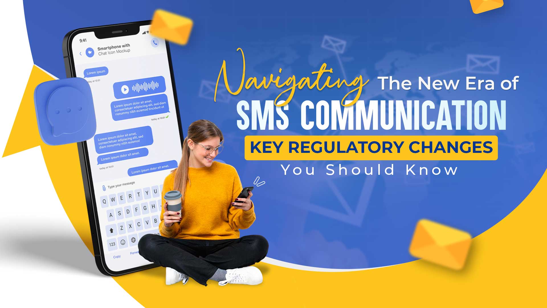 Illustration of SMS compliance updates with promotional, service, and transactional message categories.