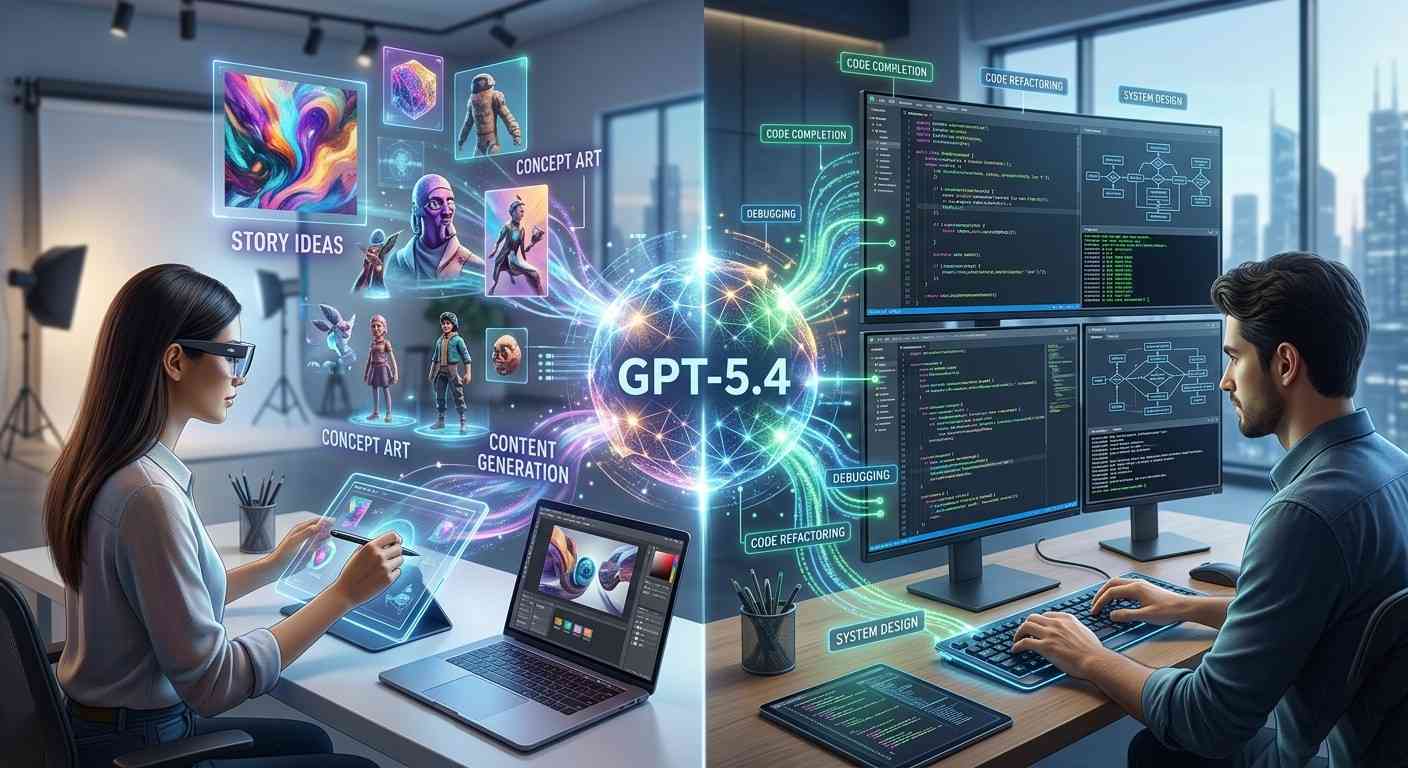Creator and developer workflow using GPT-5.4 Thinking mode to plan scripts, analyze large files, and speed up coding with a massive context window