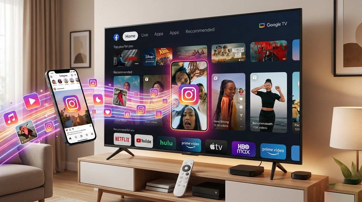Instagram for TV on Google TV showing auto-playing Reels with category channels and remote navigation on a living-room screen