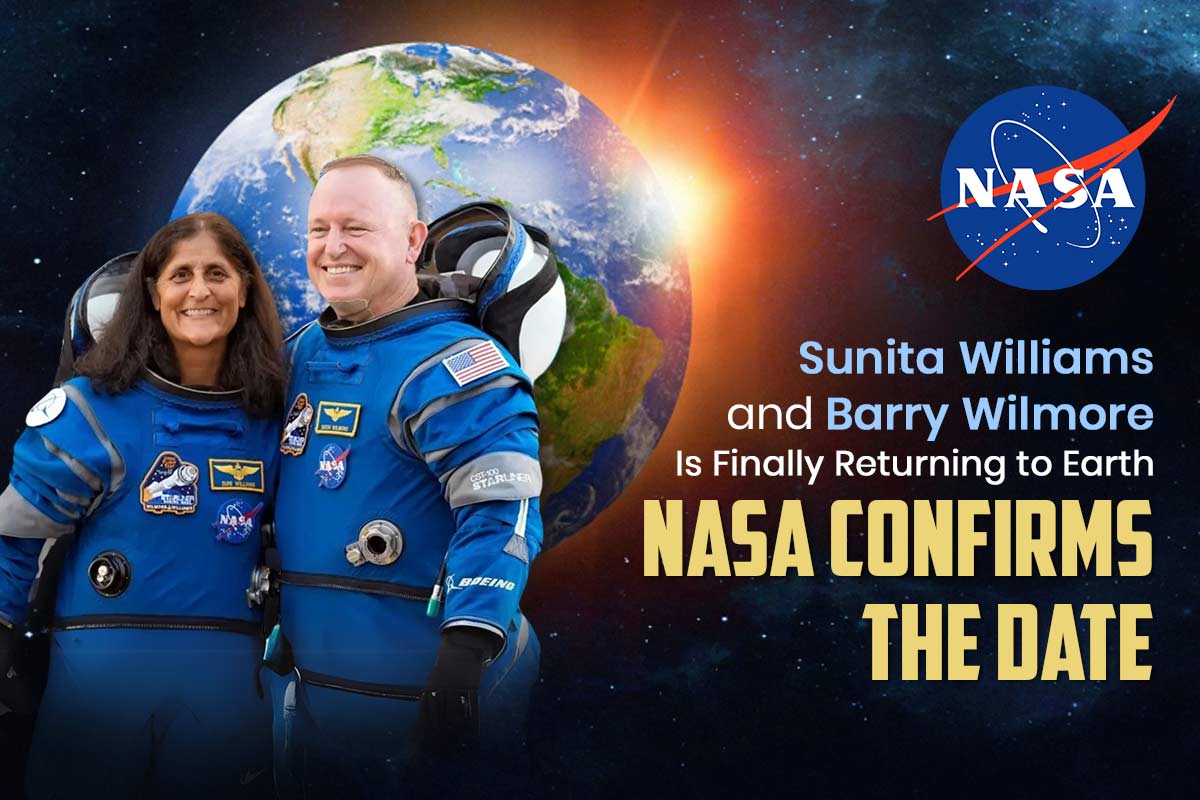 Sunita Williams & Barry Wilmore in Starliner suits with Earth backdrop.