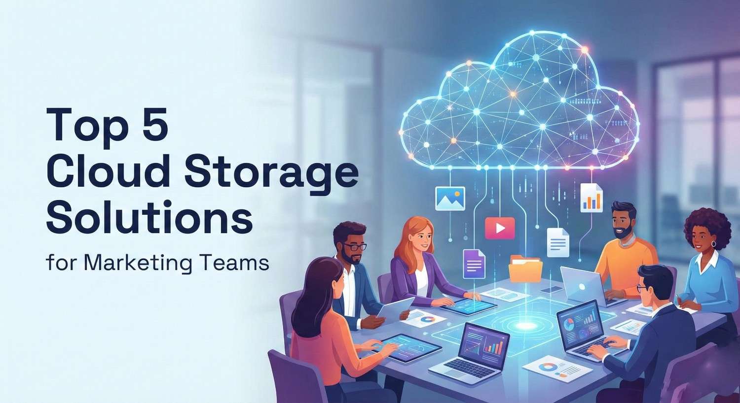 Marketing team collaborating on cloud-based digital assets