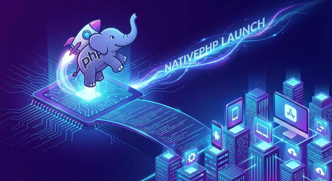 NativePHP architecture showing Laravel PHP code running natively on iOS, Android, and desktop without a remote web server